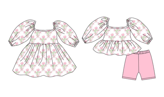 25.12.8 custom each style moq 5 eta 6-8week Sibling Sister floral bow baby short sleeve shorts sets and dress match design