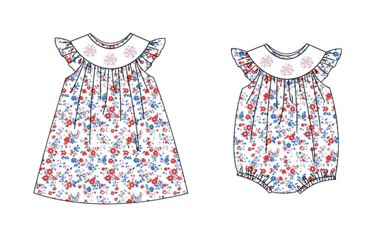 25.12.12 custom each style moq 5 eta 6-8week Sibling Sister floral baby short sleeve romper and dress match design