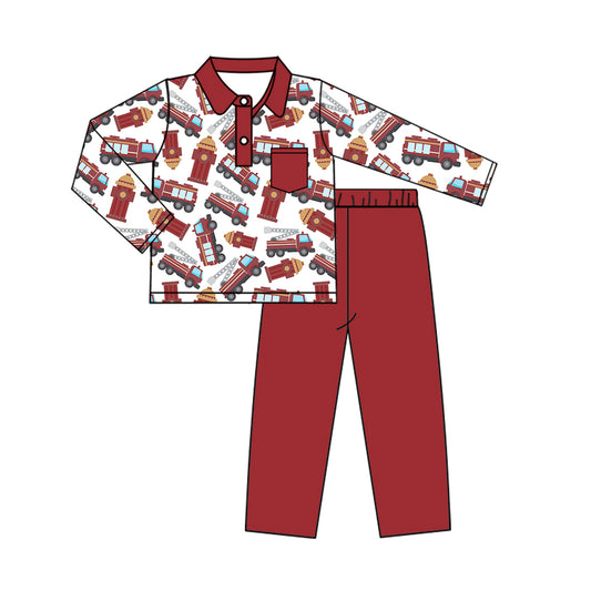 6.3 custom each style moq 5eta 4-6week Sibling Sister Fire truck red boys outfits and baby romper match family design