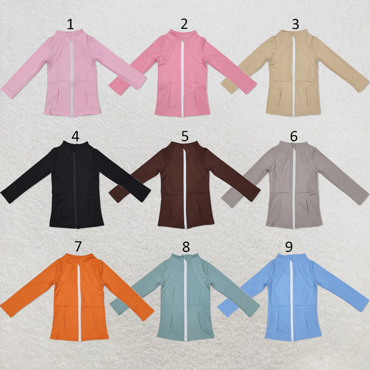 RTS NO MOQ Sibling yoga fabric cotton Baby Girls Solid Color Zip Pocket Yoga Active Wear Jackets