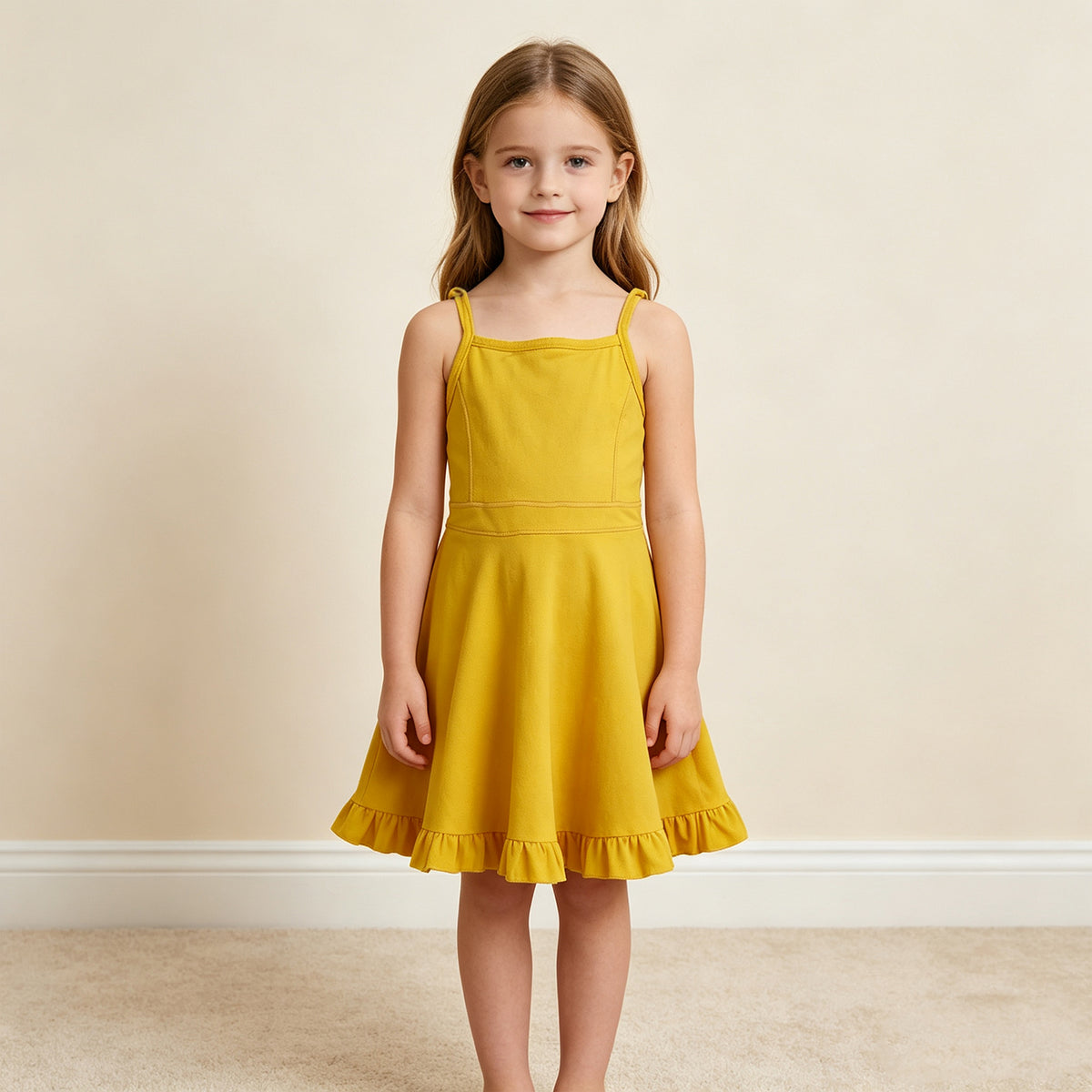 NEW RTS NO MOQ yoga fabric cotton S0781 Baby Girls Yellow Knit Knee Length Active Wear Dresses Casual Wear