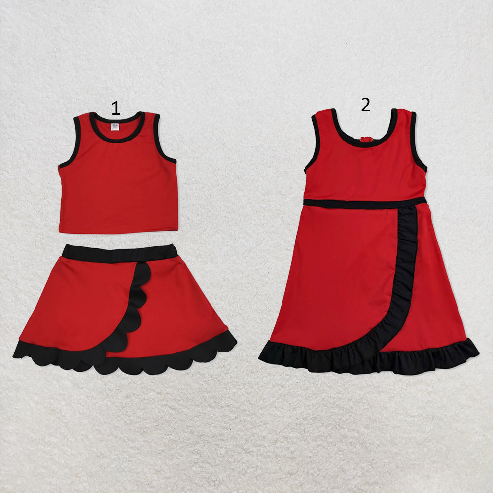 RTS NO MOQ Sibling cotton Baby Girls Red Black Sleeveless Vest Scallop Skirt Yoga Active Set Short Knee Length Dress