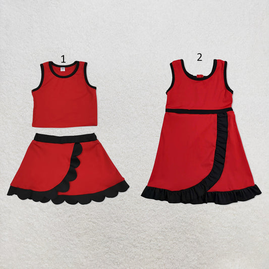 RTS NO MOQ Sibling yoga fabric cotton Baby Girls Red Black Sleeveless Vest Scallop Skirt Yoga Active Set Short Knee Length Dress