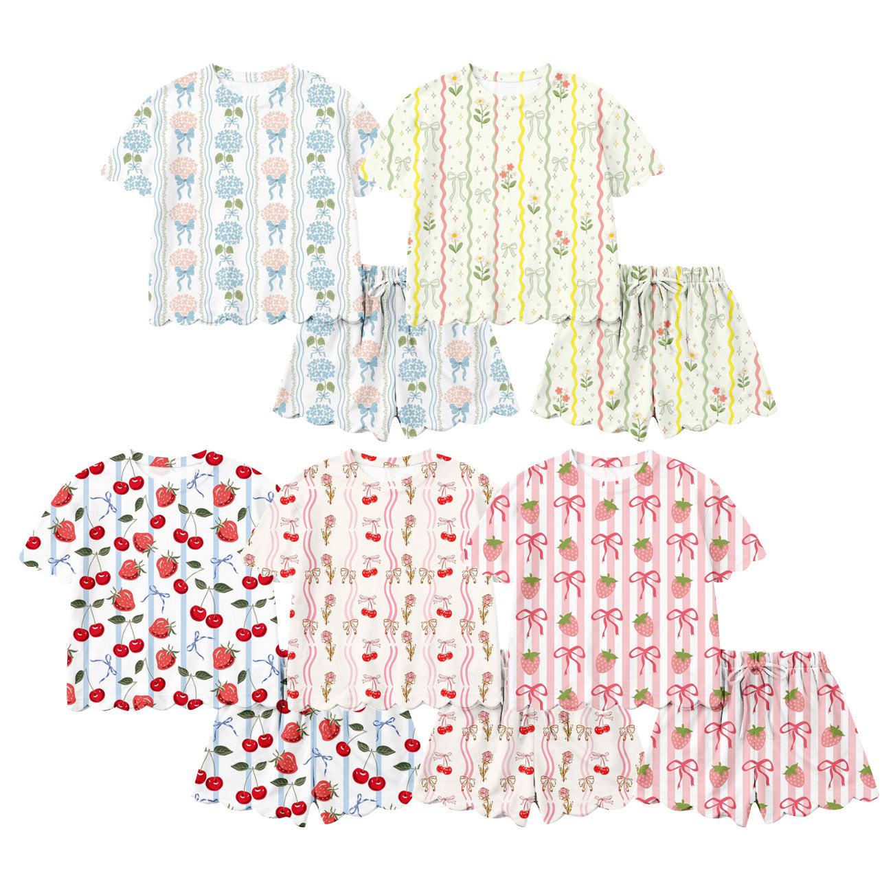 4.1 Custom moq 5 mix size Sibling Baby Girl's Stripe Bows Scallop Top Short Clothes Set