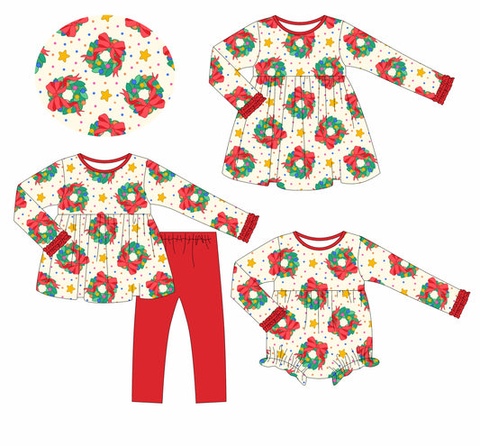 25.6.9 custom each style moq 5eta 4-6week Sibling Sisters Christmas bow red baby girl long sleeve pants sets and dress and rompers match family design