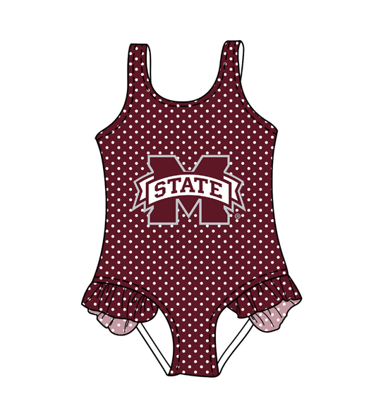 Custom moq 5 mix size milk silk summer teams Dark Red Baby Girl Sleeveless Polka Dot Lace Onesie Swimsuit Cute Summer Beachwear for Little Girls