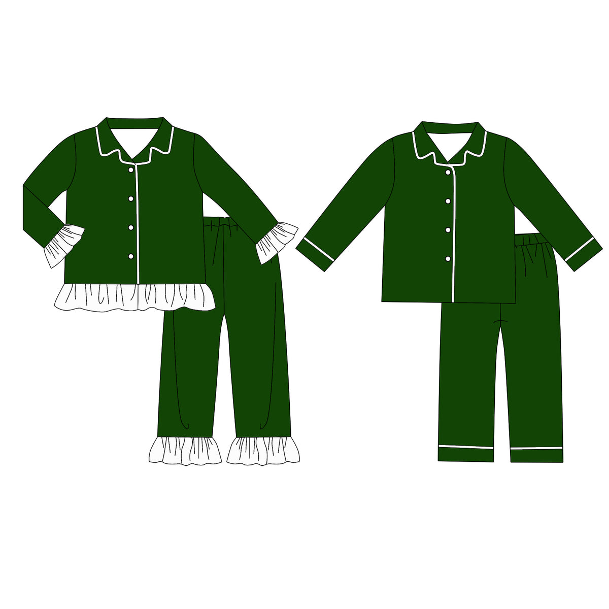 custom moq 5 mix size Baby Boys And Girls Dark Green White Long Sleeve Collared Button Down Pant Pajama Set Kids Sleepwear Set