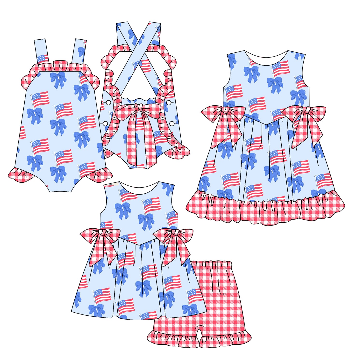 3.7 custom each style moq 5eta 4-6week Sibling Sisters bow flag baby girl short sleeve shorts sets and dress and rompers match family design