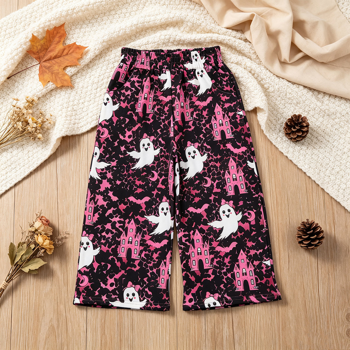 NEW RTS NO MOQ milk silk P1134 Baby Girls Ghosts Leopard Print Halloween Pockets Flare Pants Bottom