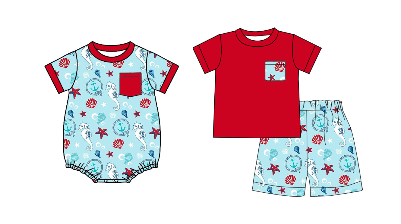 2.26  Custom moq 5 mix size Sibling blue Baby Boys 4th of July Romper Short-Sleeved Top And Shorts Set for Infants