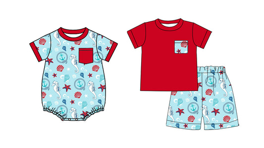 2.26  Custom moq 5 mix size Sibling blue Baby Boys 4th of July Romper Short-Sleeved Top And Shorts Set for Infants