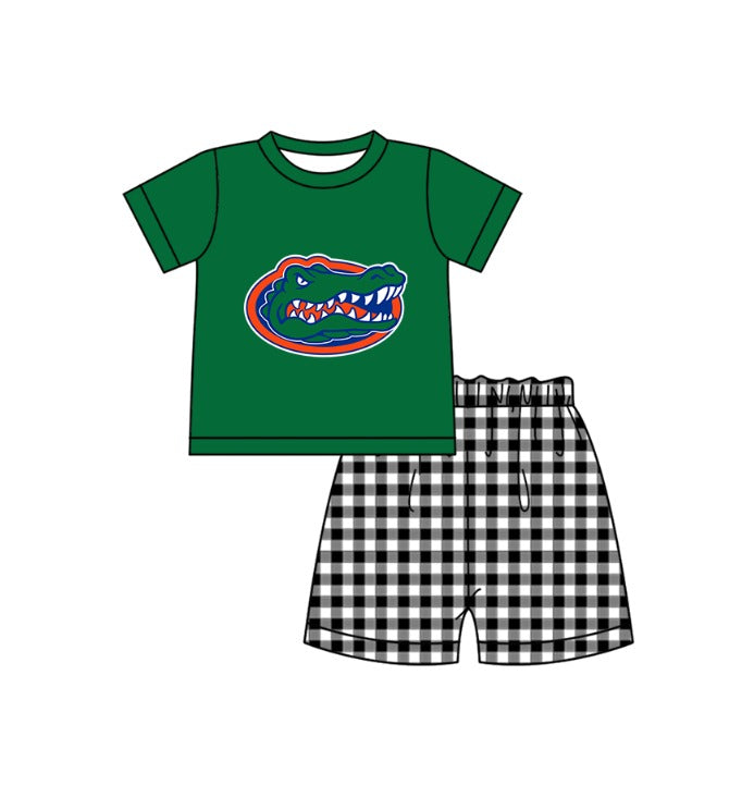 Custom moq 5 mix size milk silk summer teams baby girl boys clothes Green Black and white checkered short sleeve shorts sets 3 and dress and rompers 2 series