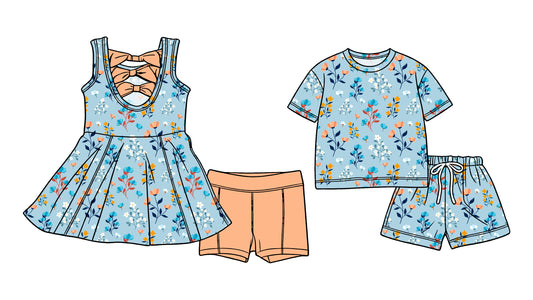 Custom moq 5 mix size Sibling Baby Girl Blue Sleeveless Yoga Dress And Shorts Outfit Short Sleeved Top And Shorts Set