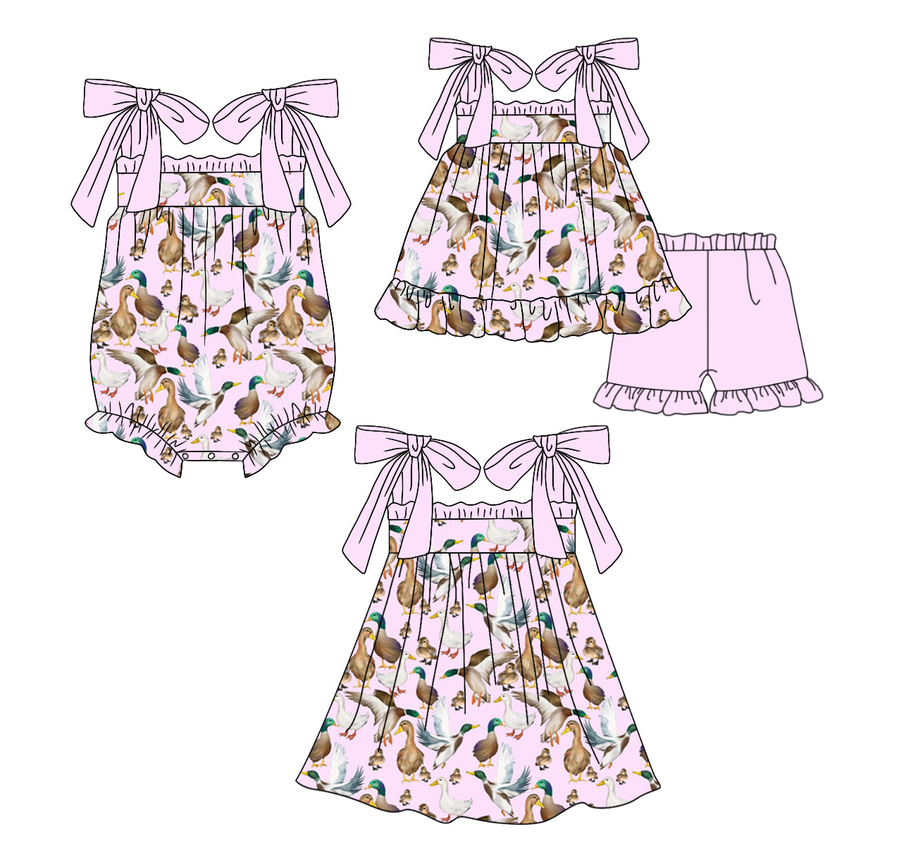 12.12 custom each style moq 5eta 4-6week Sibling Sister duck baby girl short sleeve shorts sets and dress and rompers match family design