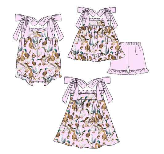 12.12 custom each style moq 5eta 4-6week Sibling Sister duck baby girl short sleeve shorts sets and dress and rompers match family design