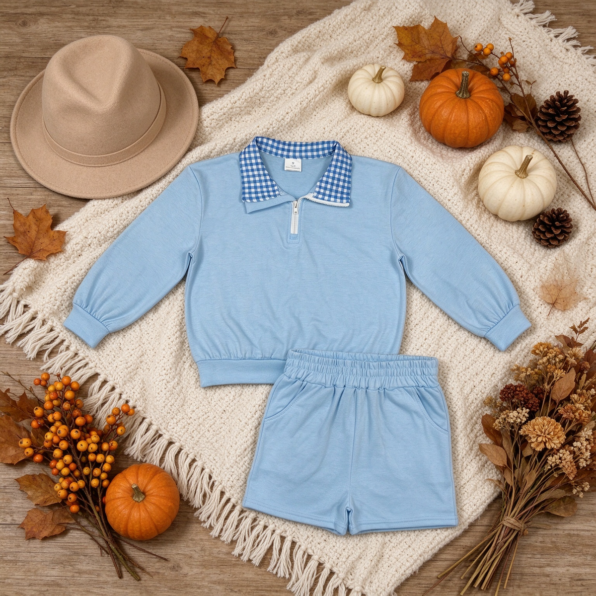 NEW RTS NO MOQ cotton GLS0226 Baby Girls Light Blue Long Sleeve Zip Front Pullover Side Pockets Short Clothes Set