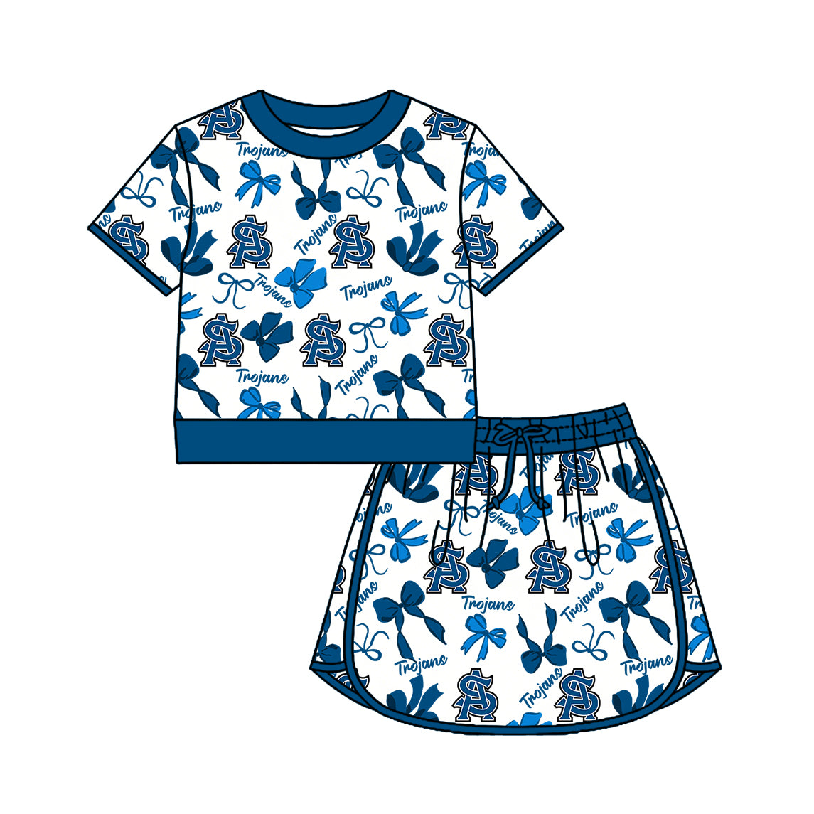 Custom moq 5 mix size milk silk summer teams Girls Polka Dot Top Shorts Set Top Skirt Short Set Blue Zipper Pullover Jogger Pants Set