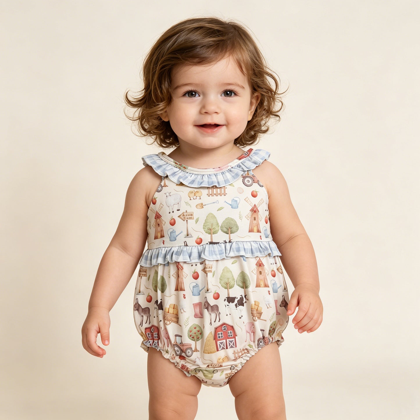 RTS NO MOQ SR3852 Baby Girls Sleeveless Ruffle Rompers with Pigs And Cows Farm Cute Baby Outfit for Girls