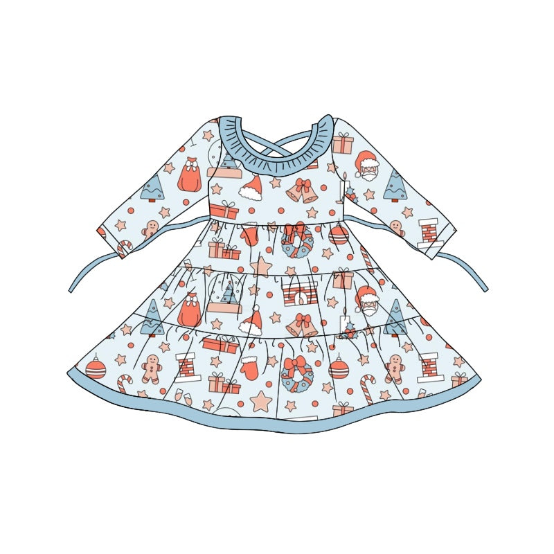 8.20 custom each style moq 5eta 4-6week baby girls clothes Christmas blue long sleeve dress