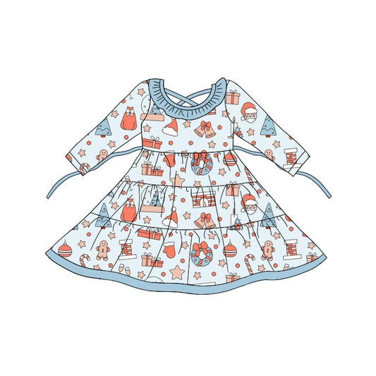 8.20 custom each style moq 5eta 4-6week baby girls clothes Christmas blue long sleeve dress