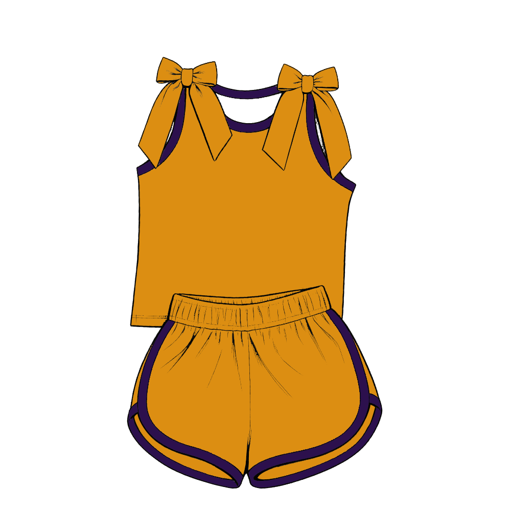 custom moq 5 mix size Baby Girls Purple Bow Sleeveless Yellow Top Shorts Summer Casual Clothes Set