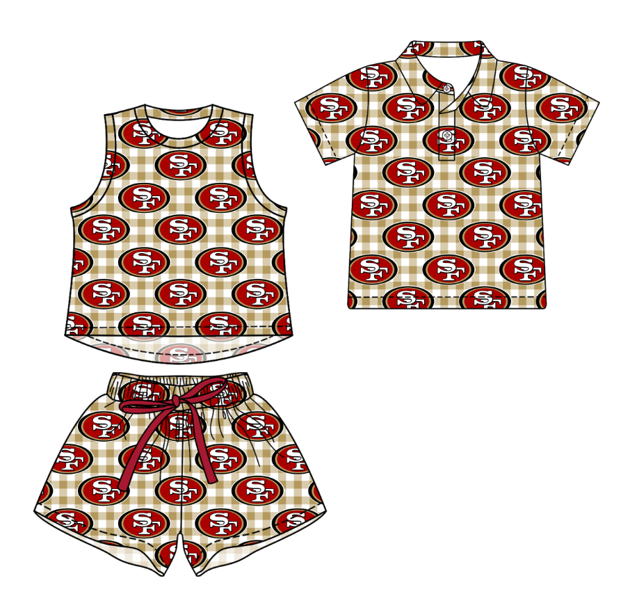 Custom moq 5 mix size milk silk summer teams Girls Checked Top And Short Sets Boys Short Sleeve Button Polo Shirt Top