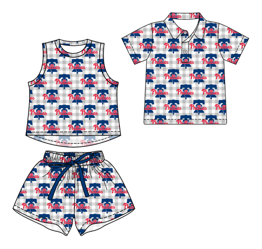 Custom moq 5 mix size milk silk summer teams Grey Checked Girls Sleeveless Top And Short Sets Boys Short Sleeve Button Polo Shirt Top