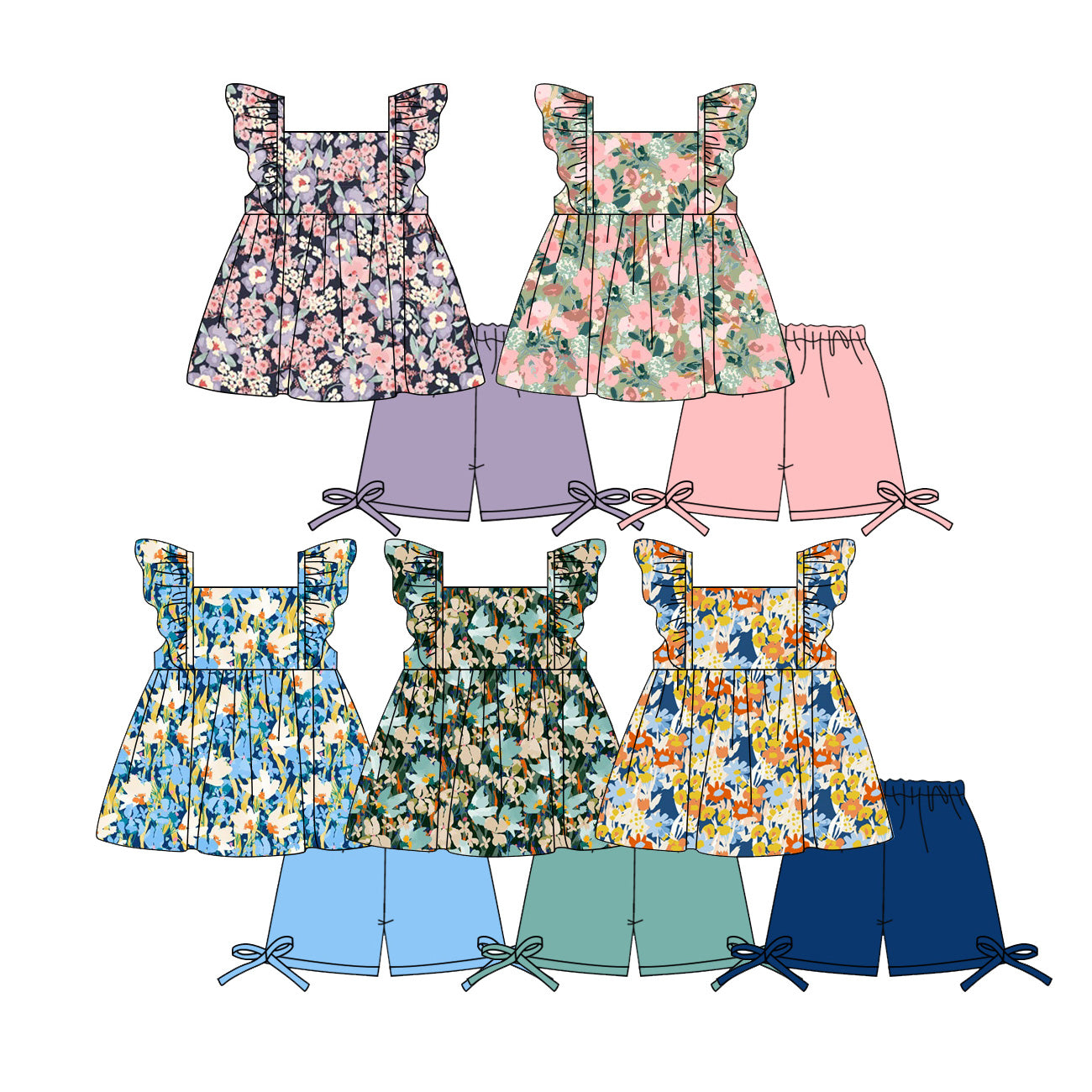 4.2 Custom moq 5 mix size Sibling Baby Girl Colorful Flowers Flutter Sleeves Top And Shorts Set Cute Casual Outfit