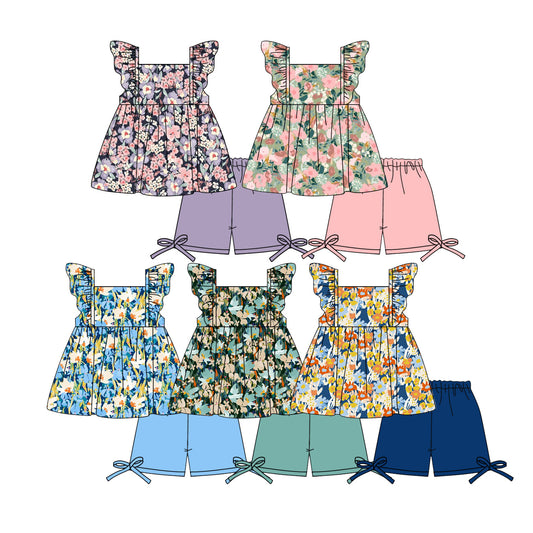 4.2 Custom moq 5 mix size Sibling Baby Girl Colorful Flowers Flutter Sleeves Top And Shorts Set Cute Casual Outfit