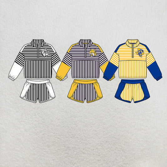 custom moq 5 mix size MSD073011 Baby Kids Stripe Print Zip Pullover Shorts Team Clothes Set