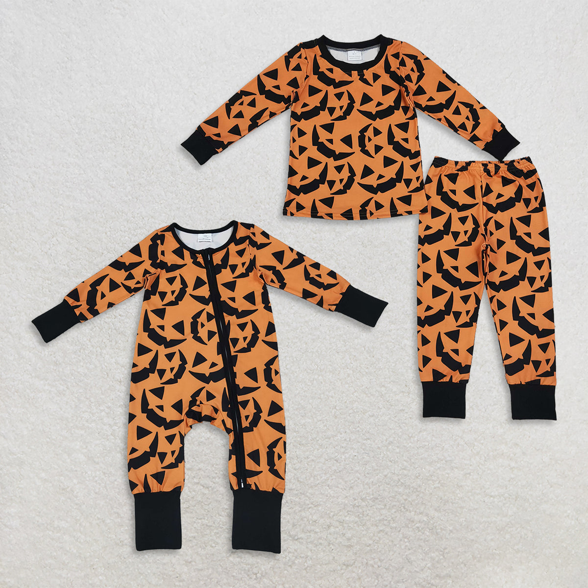 RTS NO MOQ Sibling milk silk Baby Boys Pumpkin Print Halloween Pajama Set Long Sleeve Top Pant And Zipper Romper