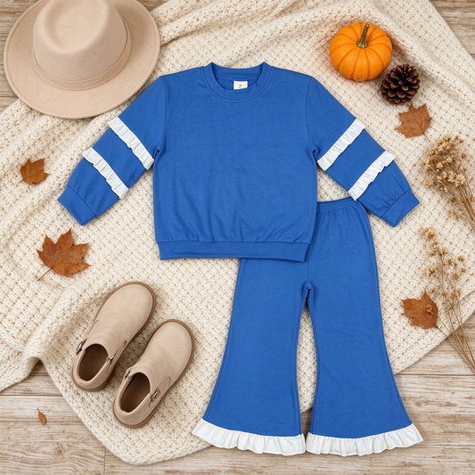 NEW RTS NO MOQ cotton GLP3719（GT1860+P1170）Baby Girls Blue White Long Sleeve Top Flare Pants Set