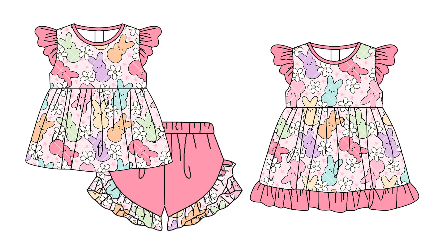 25.12.24 custom each style moq 5 eta 6-8week Sibling Sister bunny floral baby short sleeve shorts sets and dress match design