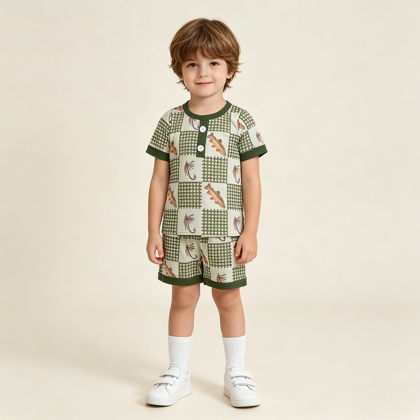 RTS NO MOQ BSSO1817 Baby Boys Cute Olive Checked Fishing Print Button Pajamas Set