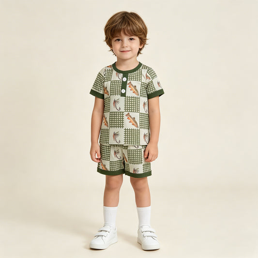 RTS NO MOQ BSSO1817 Baby Boys Cute Olive Checked Fishing Print Button Pajamas Set