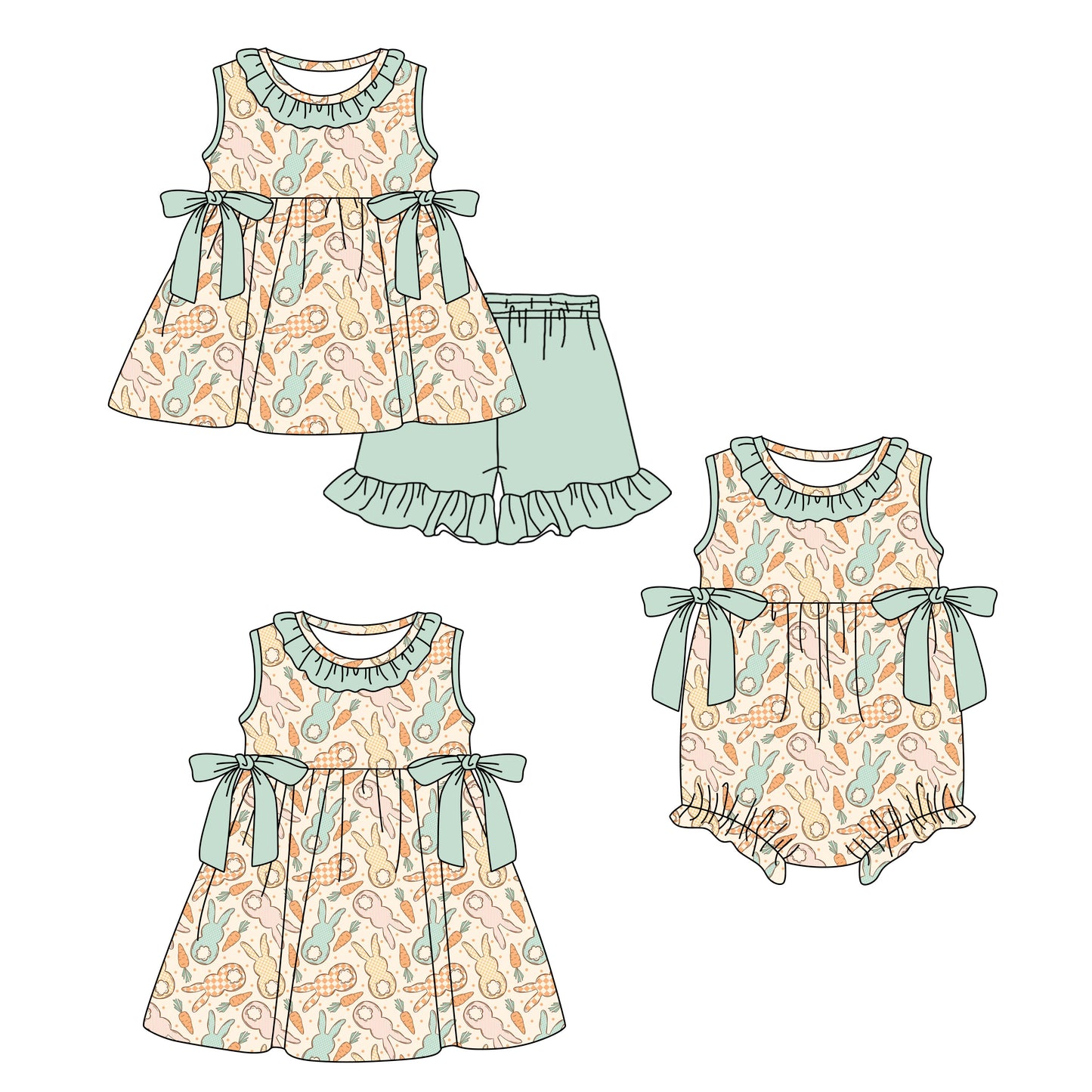 Custom moq 5 mix size Sibling Baby Girl's Bunny Print Easter green Short-Sleeved Top And Shorts Set Cute Romper Dress for Spring Summer