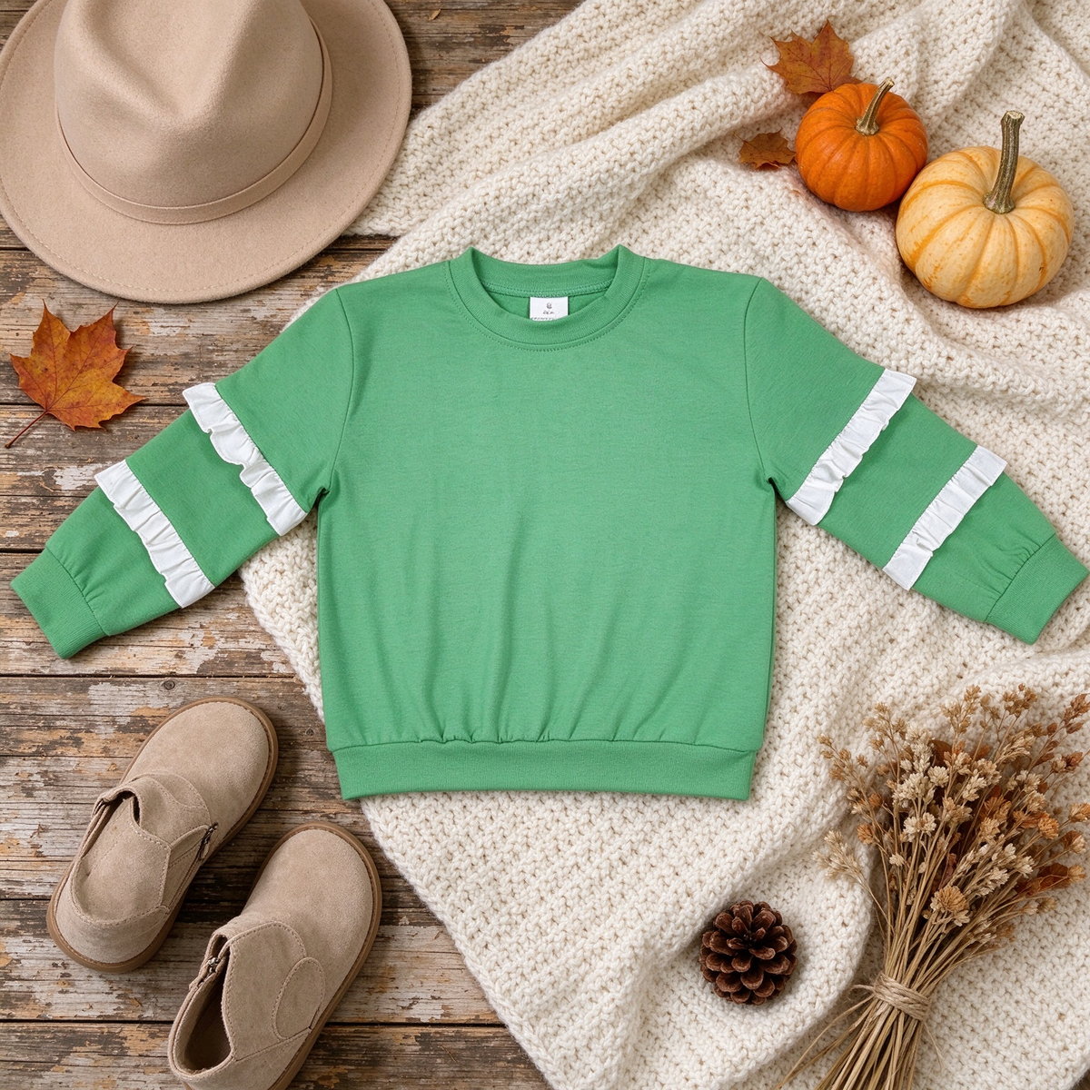 NEW RTS NO MOQ cotton GT1858 Baby Girls Green White Patchwork Long Sleeve T-shirts Top