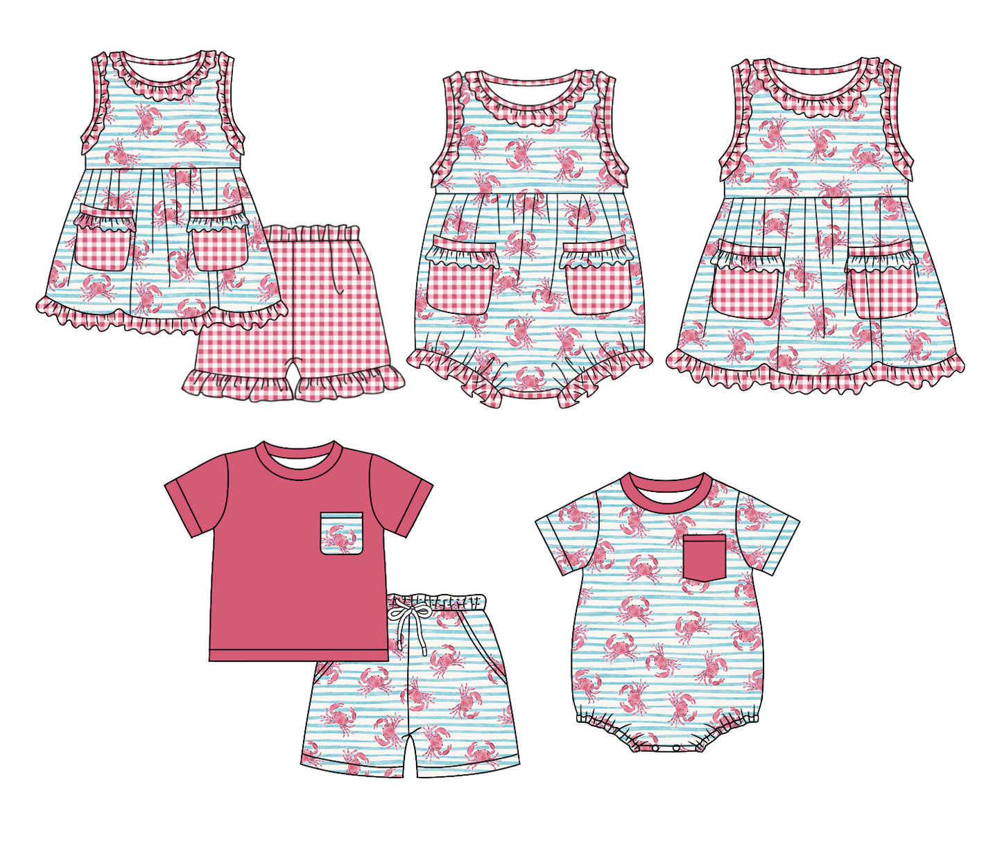 11.13 custom each style moq 5eta 4-6week Sibling Sister crab baby girl short sleeve shorts sets and sets 2 and girls romper and boy romper and dress match design
