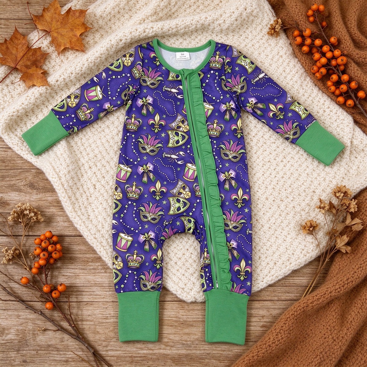 NEW RTS NO MOQ milk silk LR3334 Baby Girls Holiday Purple Long Sleeve Two Way Ruffle Zip Convertible Rompers