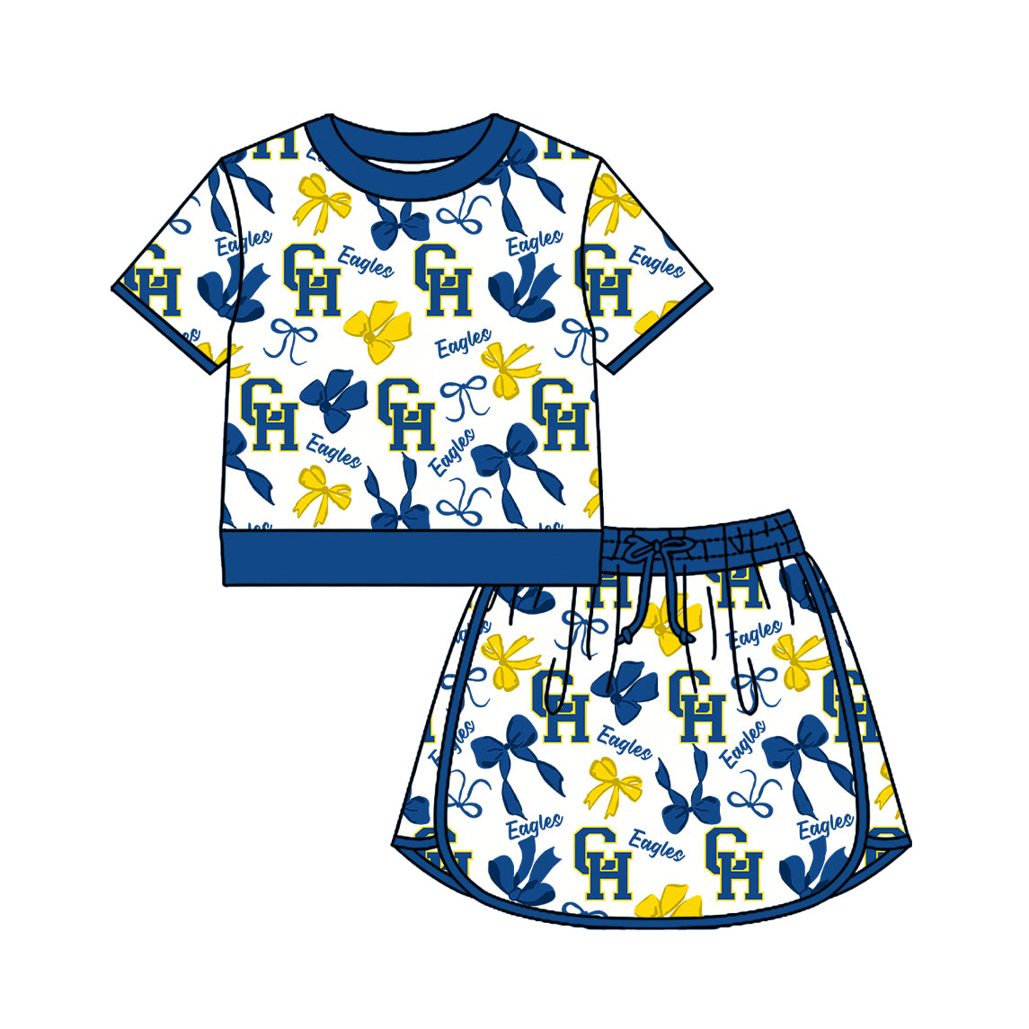 Custom moq 5 mix size milk silk summer teams Girls Polka Dot Top Shorts Set Blue Top Skirt Short Set Zipper Pullover Jogger Pants Set