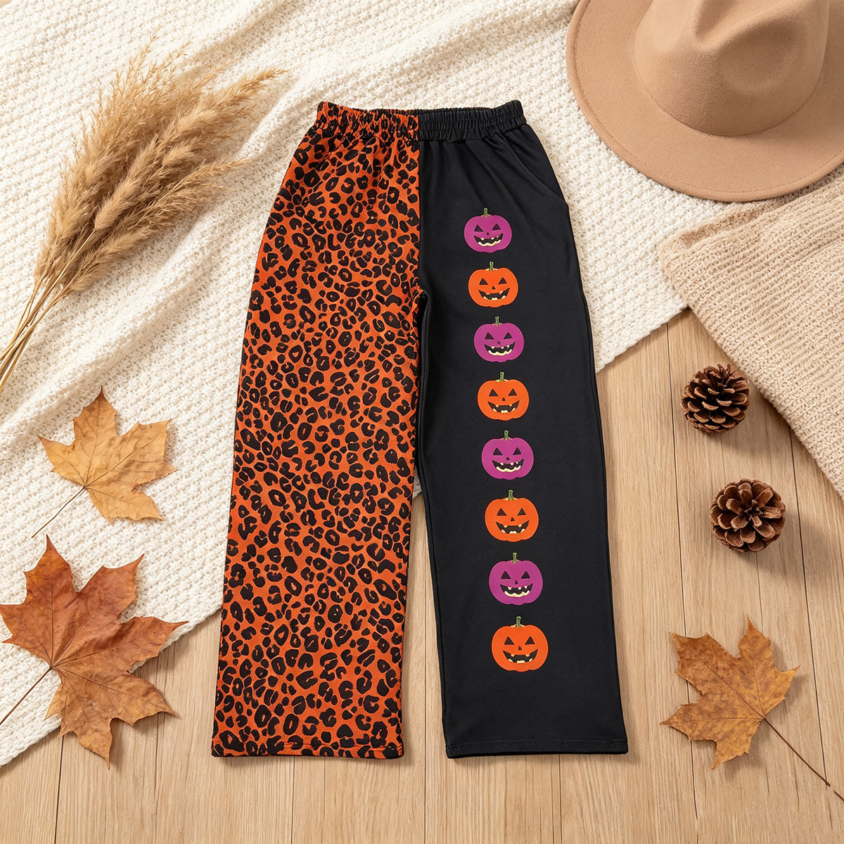 NEW RTS NO MOQ milk silk P1132 Adult Women Ghost Pumpkins Leopard Halloween Pockets Straight Pants Bottom Casual Bottom