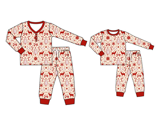 25.5.16 custom each style moq 5eta 4-6week Sibling Sister Christmas trees bow long sleeve pants sets and adult sets match design