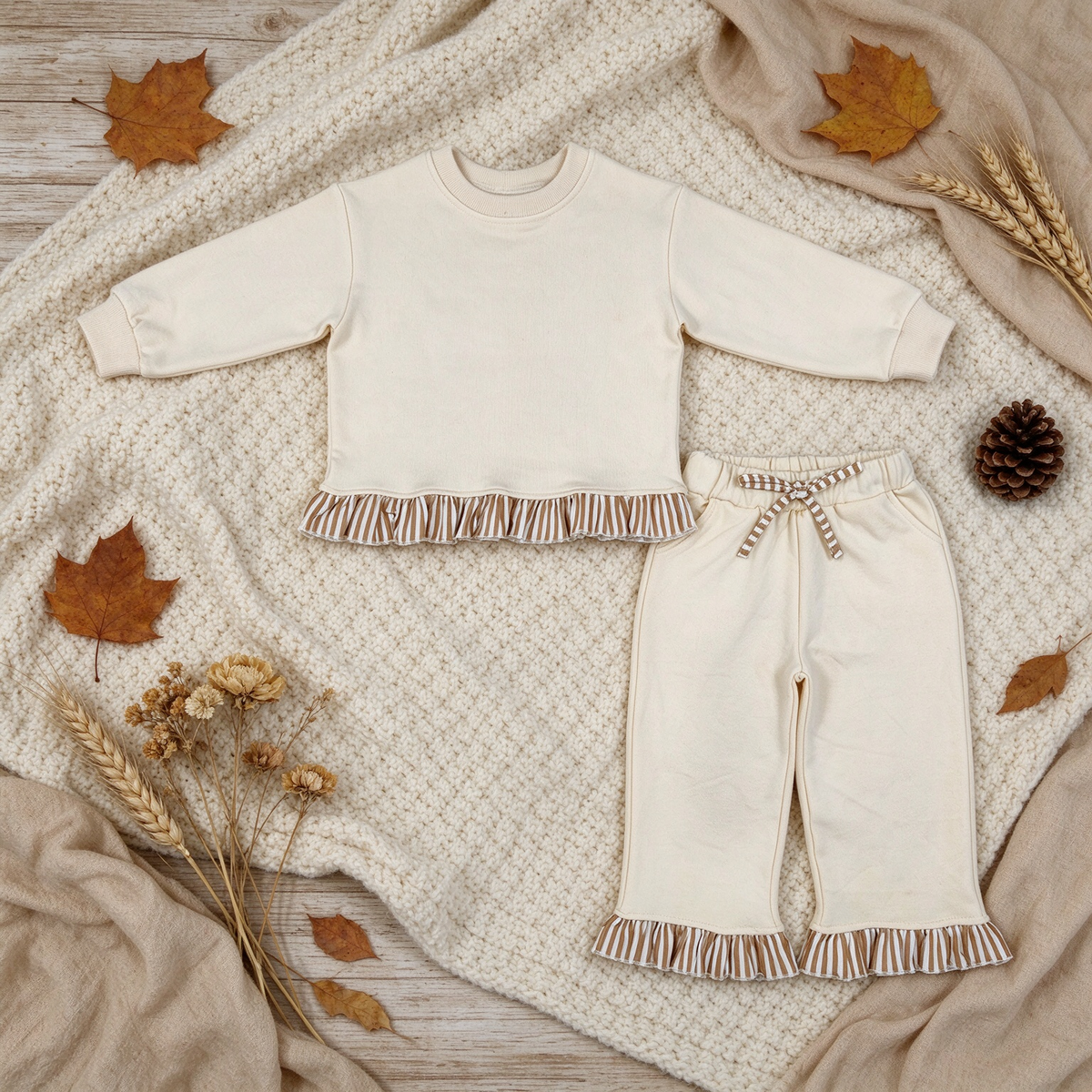 NEW RTS NO MOQ fleece GLP3645 Sweatshirt Material Kids Girls Beige Long Sleeve Top Pockets Pants Sweatshirt Fall Outfit