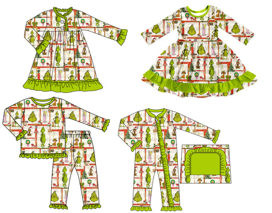 25.7.12 custom each style moq 5 eta 4-6week Sibling Sisters Christmas green baby girl long sleeve pants sets and romper and dress 1 and dress 2 match family design