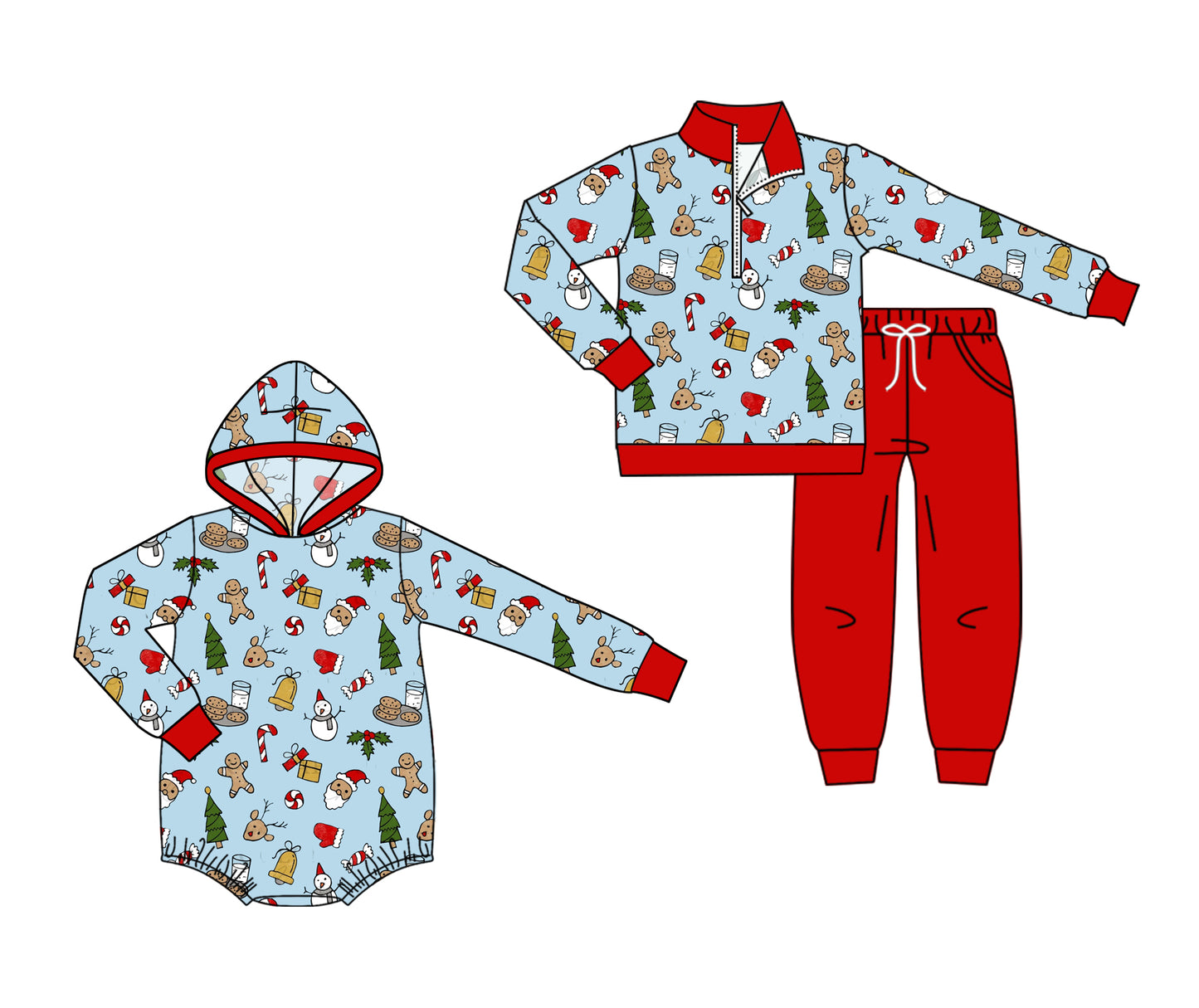 (Preorder new) No moq Baby Boys Snowman Tree Print Zip Pullover Pocket Top Matching Jogger Set Rompers
