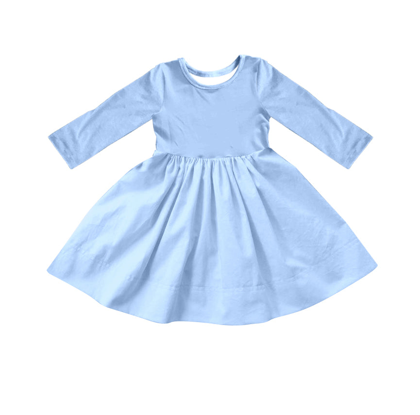 Custom moq 5 Girls Blank Cotton Long Sleeve Dress Light Sky Blue Long Sleeve Dress