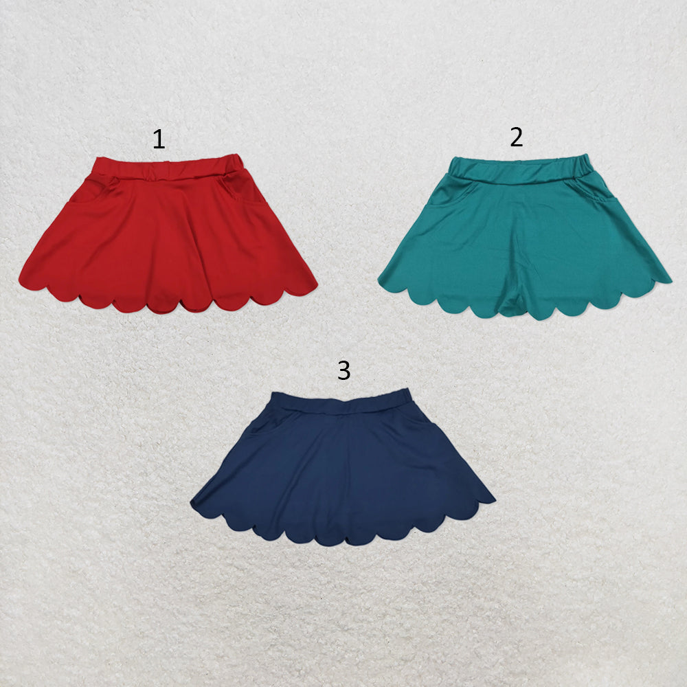 RTS NO MOQ Sibling yoga fabric cotton Baby Girls Solid Elastic Waist Pocket Scallop Hem Skirt Shorts