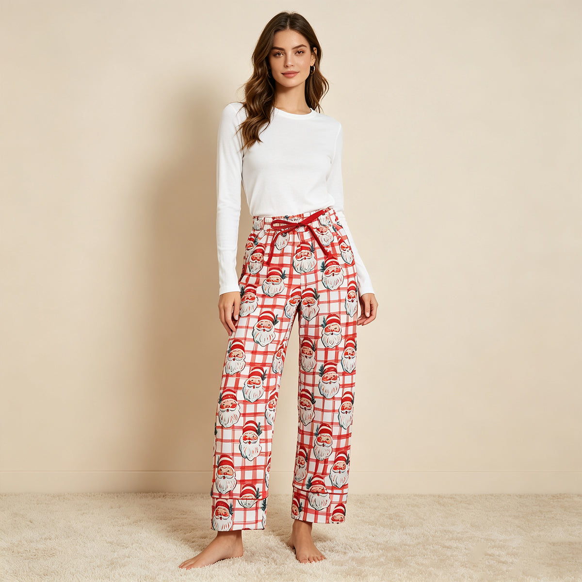 NEW RTS NO MOQ milk silk P1096 Adult Women Red Plaid Santa Print Leg Christmas Length Pants