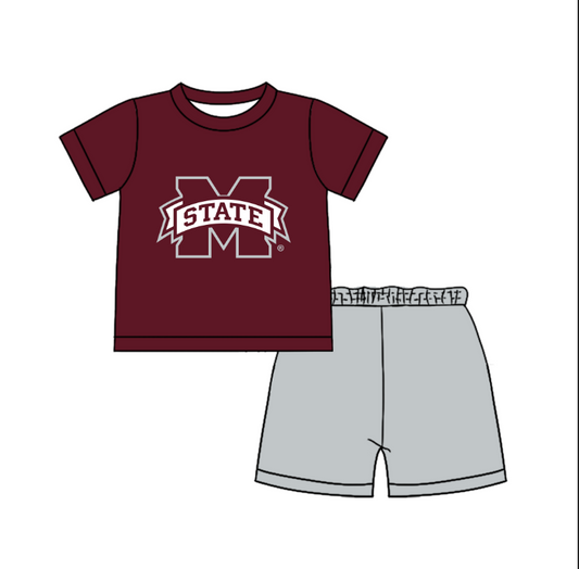 Custom moq 5 mix size milk silk summer teams Baby Boy's Dark red  Short-Sleeved O-Neck Top And solid color Shorts Set