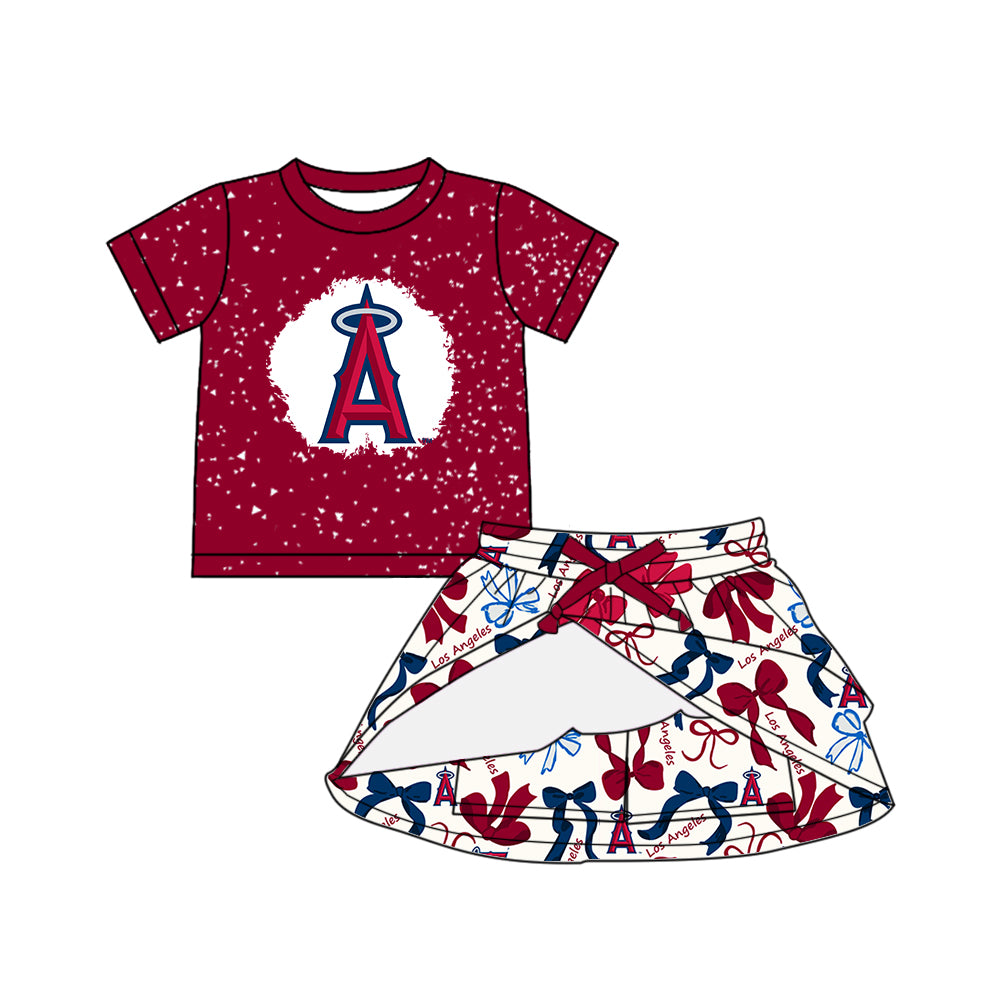 Custom moq 5 mix sizes summer teams baby girls clothes team brick red short sleeve skirts shorts sets dress 1 and dress 2 and dress 3 and dress 4-25.5.17